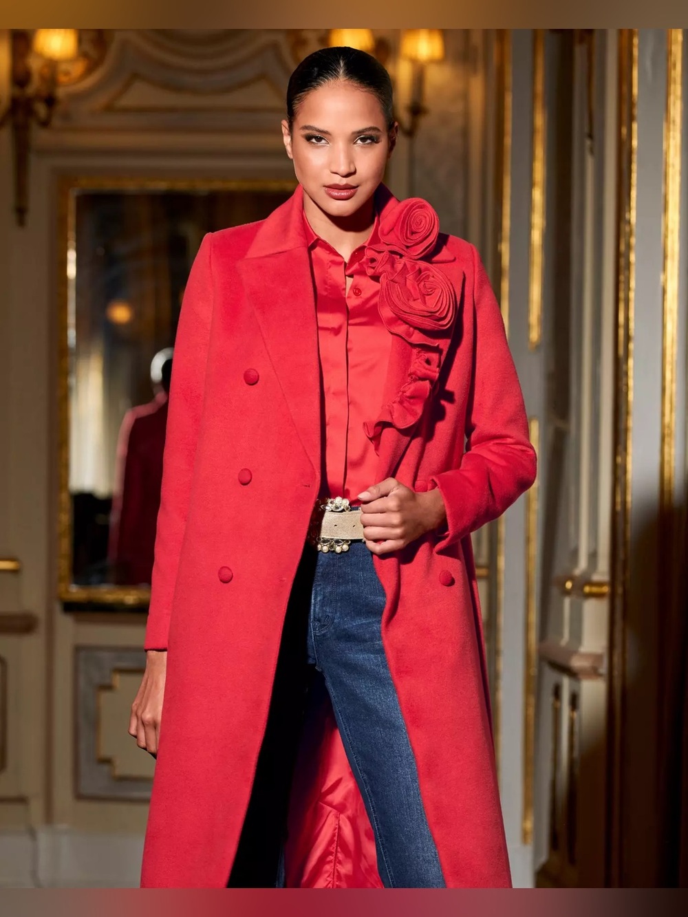 NWT Boston Proper Red Double-Breasted Wool Coat with Floral Rosettes L